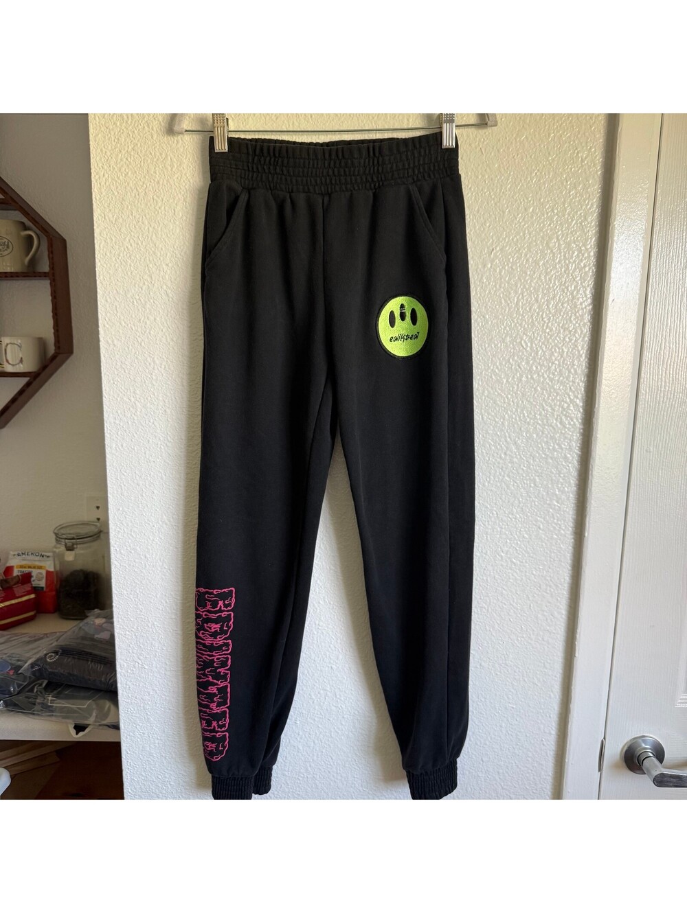Edikted Black Graphic Smiley Joggers Y2K Streetwear Sweatpants S